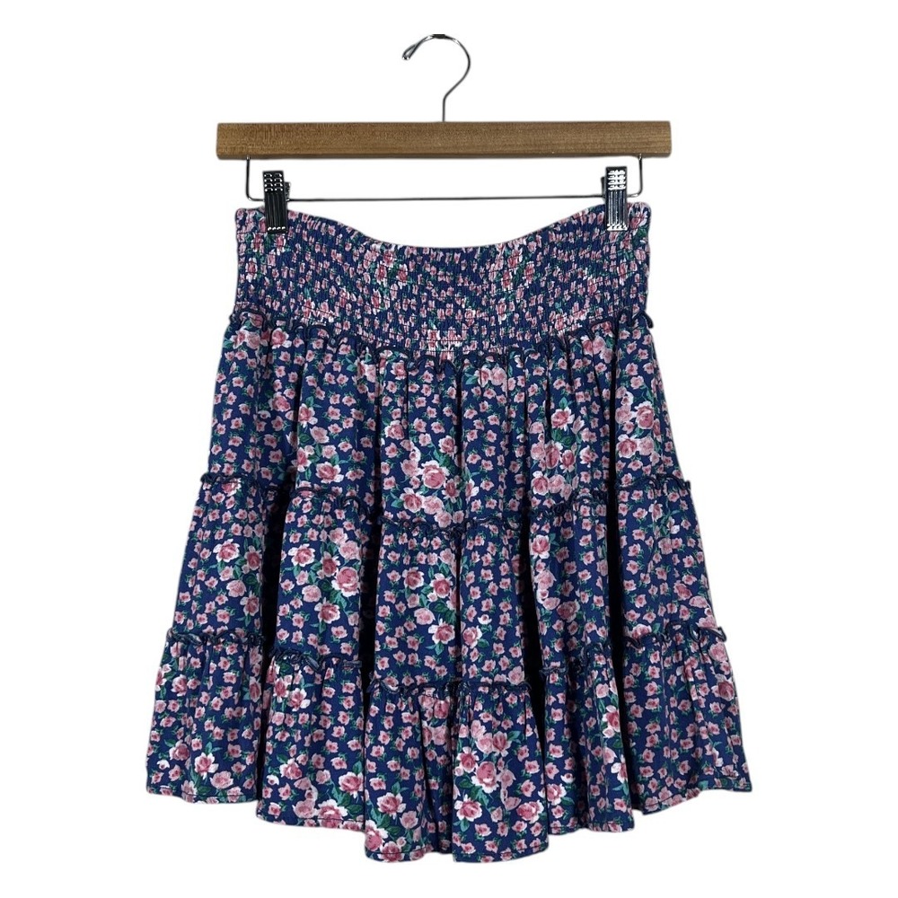 American Eagle Tiered Floral Mini Skirt Navy Pink Boho Smocked Waist Size M